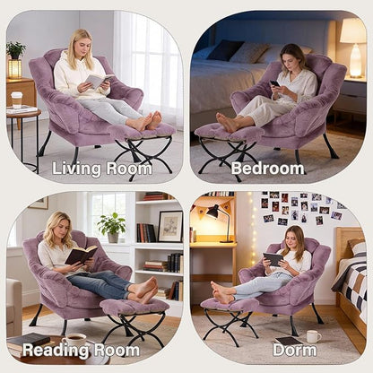 MBOOYOME Lazy Chair with Ottoman, Modern Accent Lounge Armchair with Side Pocket & Foldable Footstool, Leisure Reading Chair for Living Room, Bedroom, Dorm & Office, Plush Purple