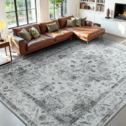 YOH Boho Washable Rug 8x10, Light Gray Vintage Non Slip Area Rug, Distressed Indoor Carpet for Living Room Bedroom Kitchen Office