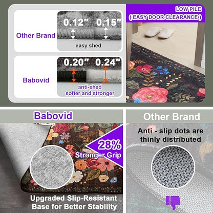Floral Machine Washable Rug Black/Brown, 3x5 Non Slip Soft Bedroom Rug for Entryway Dorm, Ultra-Thin Stain Resistant