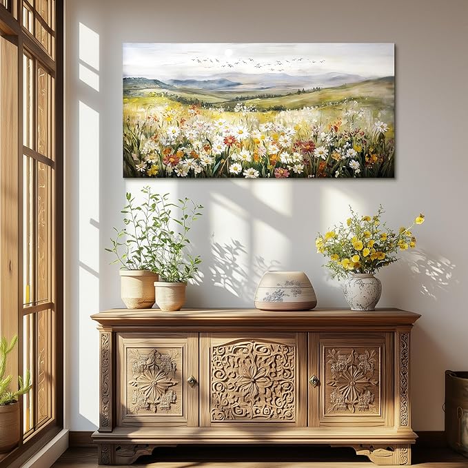 SERIMINO Nature Landscape Wall Art, Mountain Daisy Extra Large Artwork, Wildflower Meadow Rustic Home Decor Art Prints, French Country Aesthetic Paintings Wall Decor Living Room Dining Room 29X57 Inch