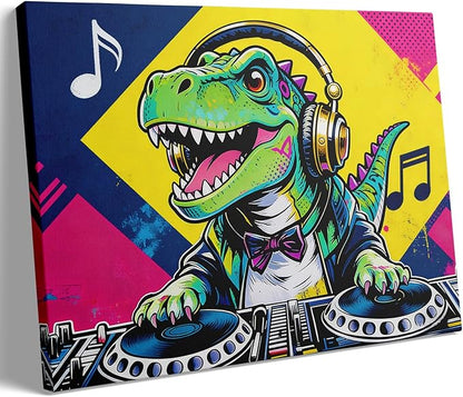 12x16 Pop DJ Dinosaur Canvas Wall Art Prints, Graffiti T-Rex Music Decor with Headphone & Turntable, Colorful Wall Painting for Teen Boy/Kids Bedroom, Child Home Painting Vibrant Hanging Game Poster