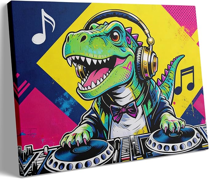 16x24 Pop DJ Dinosaur Canvas Wall Art Prints, Graffiti T-Rex Music Decor with Headphone & Turntable, Colorful Wall Painting for Teen Boy/Kids Bedroom, Child Home Painting Vibrant Hanging Game Poster
