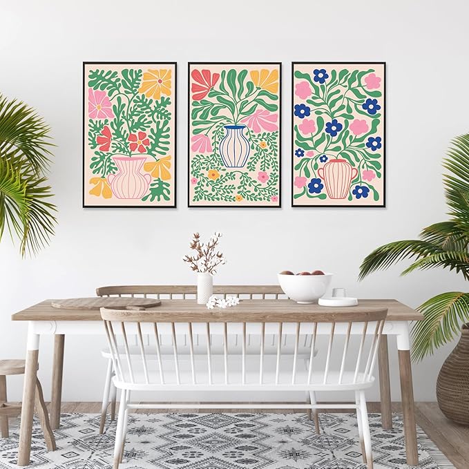 CHDITB Matisse Flowers Vase Framed Canvas Wall Art(16"x24"), 3 Panels Colorful Boho Florals Botanical Plants Artwork Printings, Large Scandinavian Gallery Decor Painting for Bedroom Dining Room Office