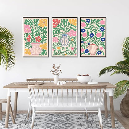 CHDITB Matisse Flowers Vase Framed Canvas Wall Art(16"x24"), 3 Panels Colorful Boho Florals Botanical Plants Artwork Printings, Large Scandinavian Gallery Decor Painting for Bedroom Dining Room Office