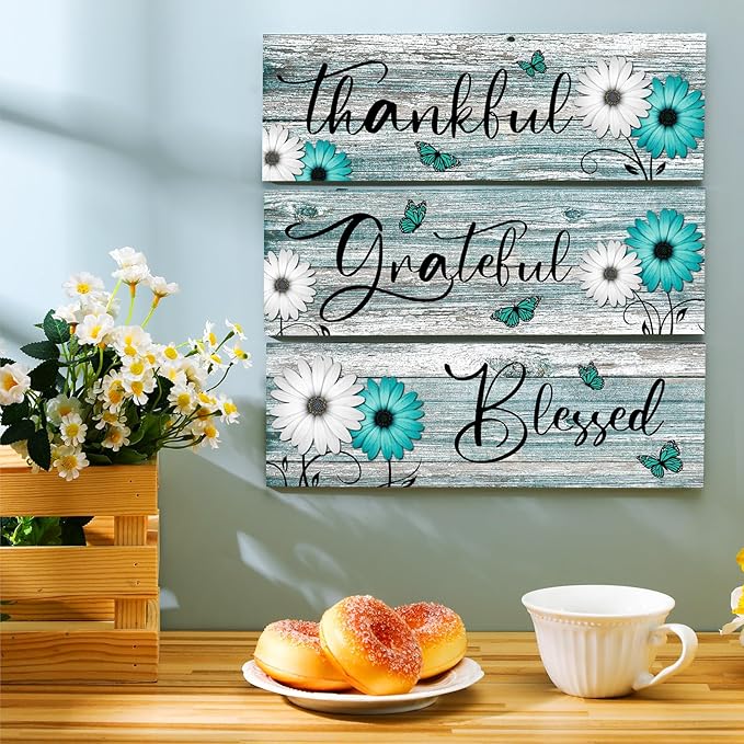 Geetery 3 Pcs Thankful Grateful Blessed Wooden Signs Rustic Daisy Wood Wall Decor Inspirational Wall Art Signs Rustic Wooden Hanging Decorations for Bedroom Kitchen Living Room Bathroom Home (Teal)