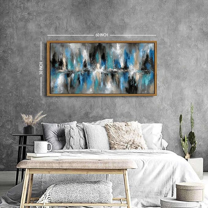 Abstract Blue and Grey Wall Art Framed Vintage Wall Decor Modern Artwork Prints for Living Room Minimalist Black and White Fantasy Lines Pictures Artwork Office Kitchen Bedroom Home Decorations 30x57.8"