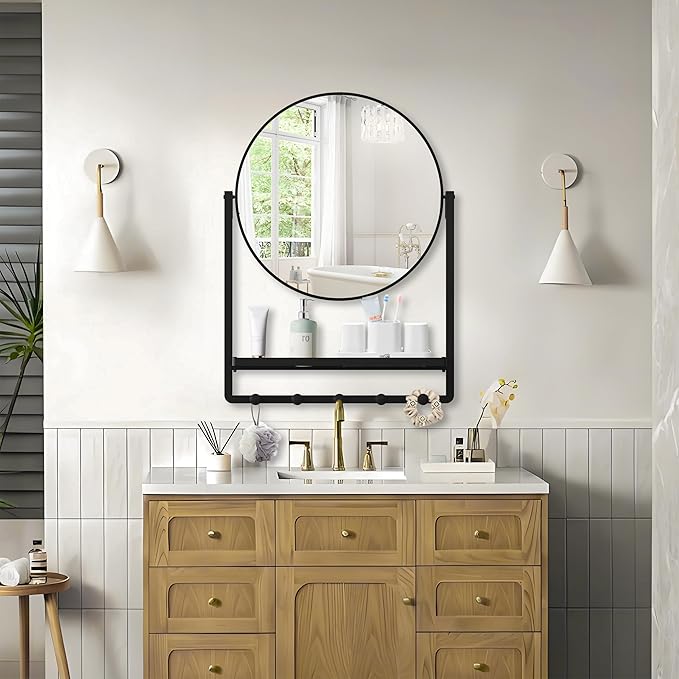 Modern Black Round Wall Mirror with Shelf and Hooks, 29.5" x 21.7" Large Bathroom Mirror with 10° Adjustable Tilt for Entryway, Living Room, Hallway, Bedroom