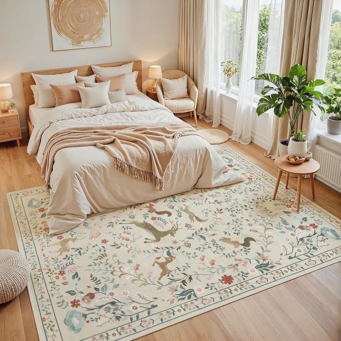 8x10 Area Rugs Washable Rug: Lagre Boho Living Room Rug Soft Non-Slip Thin Carpet Indoor Floor Non-Shedding Neutral Floral Carpets for Bedroom Dining Room Farmhouse Nursery Beige Animal