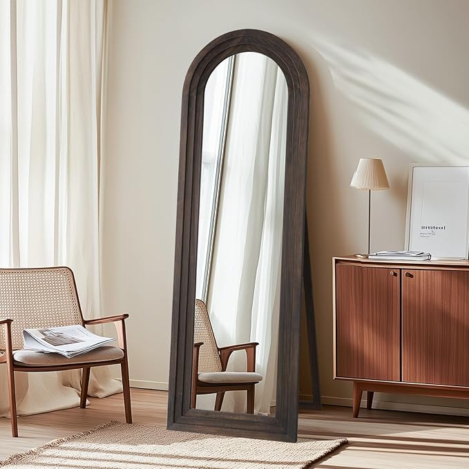 MELOMOIR Arched Full Length Mirror with Solid Wood Frame, 64"x21" Rustic Farmhouse Floor Mirror with Stand, Free Standing Leaning Hanging, for Bedroom Living Room Dressing Room Entryway, Brown
