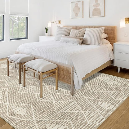 Area Rug for Living Room 9x12: Large Washable Boho Moroccan Rugs Geometric Neutral Rug, Non-Slip Foldable Morden Farmhouse Indoor Floor Carpet for Bedroom Dining Table Home(Cream Beige, 9'X12')