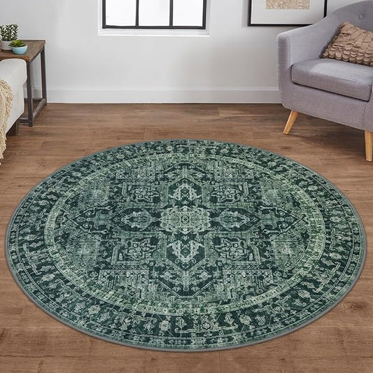 KOZYFLY Boho Round Rug 5 Ft Rugs for Entryway Washable Circle Rug Non Slip Doormat Printed Faux Wool Vintage Round Entryway Rug Floor Carpet Round for Entrance, Bedroom, Dark Green