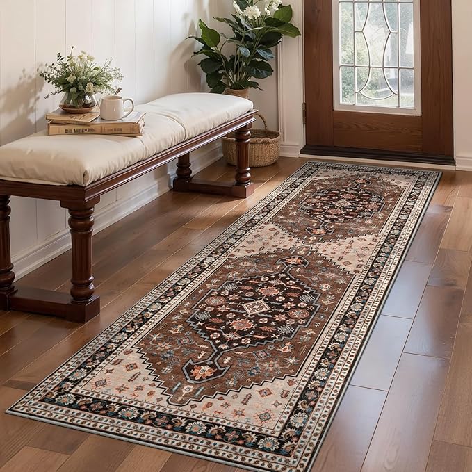 Tangsoo Vintage 2x6 Washable Runner Rug for Hallways,Non-Slip Rubber Backing Mat,Brown Beige Non-Slip Low Pile Long Rug Runner Carpet for Kitchen Bedroom Entryway Laundry