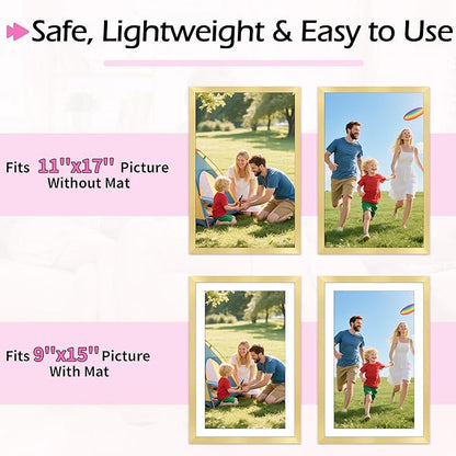 11x17 Picture Frame, Vertical or Horizontal Wall Hanging Frame for Photos, Posters & Art Prints, Display Pictures 9x15 with Mat or 11 x 17 Without, Gold Frame with Clear Plexiglass, 2 Pack