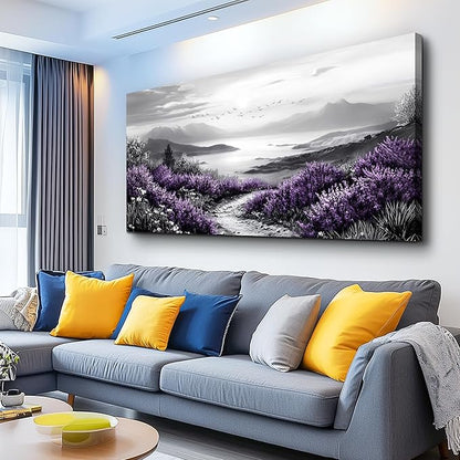 KELIYUAN Black And White Home Decoration Canvas Wall Art For Restaurant Natural Landscape Painting Printing Landscape Purple Grass Picture Suitable For Living Room Bedroom Office Wall Decor 20x40In