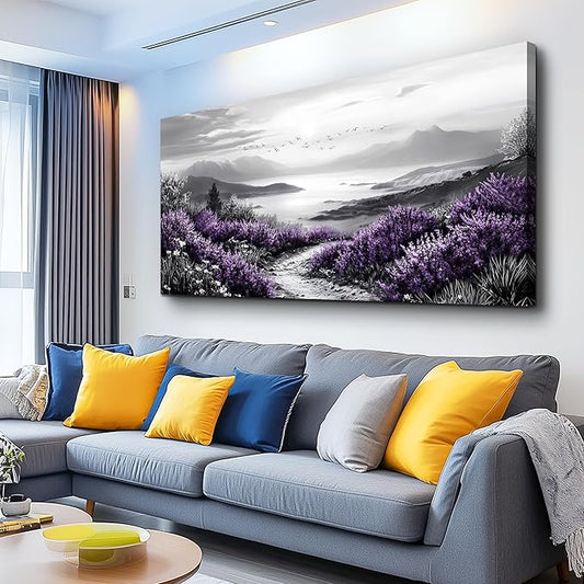 KELIYUAN Black And White Home Decoration Canvas Wall Art For Restaurant Natural Landscape Painting Printing Landscape Purple Grass Picture Suitable For Living Room Bedroom Office Wall Decor 20x40In
