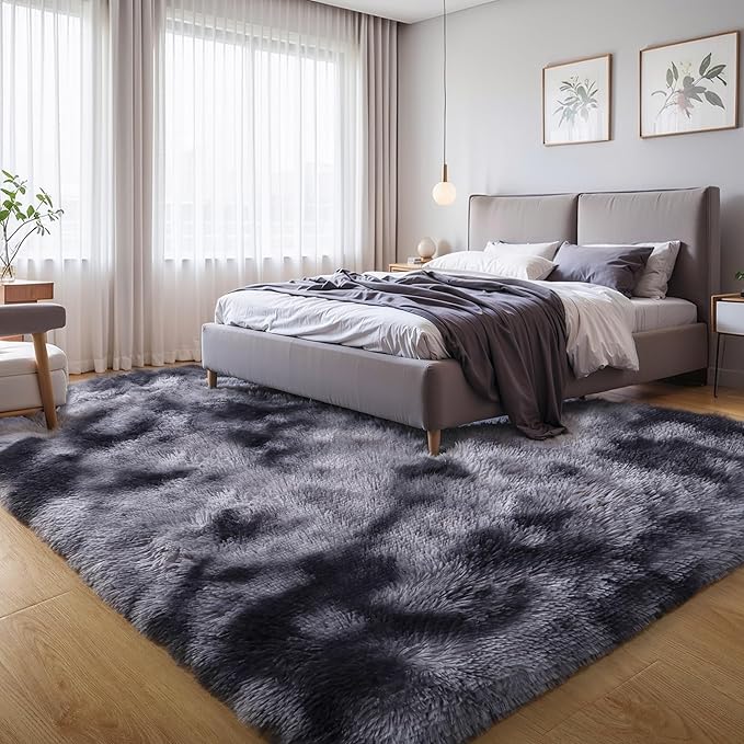 KICHOWUA Thick Area Rug 5x7 Dark Grey Fluffy Shag for Bedroom, Extra Soft Plush Fuzzy Washable Thickened Non-Slip Carpet, Modern Furry Shaggy Rug for Living Room Kids Nursery Dorm Room, Tie-Dye Gray