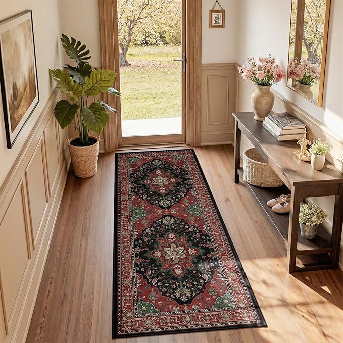 RELEANY Area Rugs 2'x5' Runner Rug Non Slip Washable for Kitchen Hallway Bedroom Beside Laundry Room Bathroom Rug, Floor Carpet, Red Black