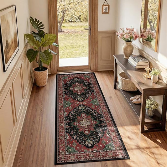 RELEANY Area Rugs 2'x5' Runner Rug Non Slip Washable for Kitchen Hallway Bedroom Beside Laundry Room Bathroom Rug, Floor Carpet, Red Black