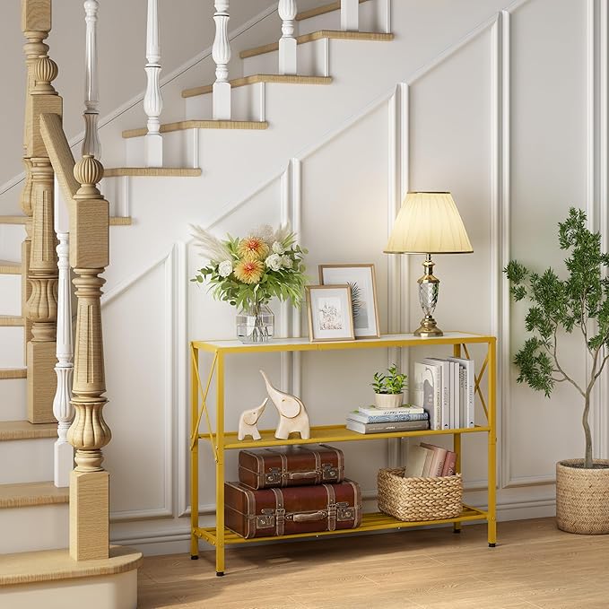 Hoctieon Gold Console Table, 3 Tier Entryway Table with Shelves, Narrow Sofa Table for Hallway, Living Room, Foyer, Office, 42" x 12", Gold and White