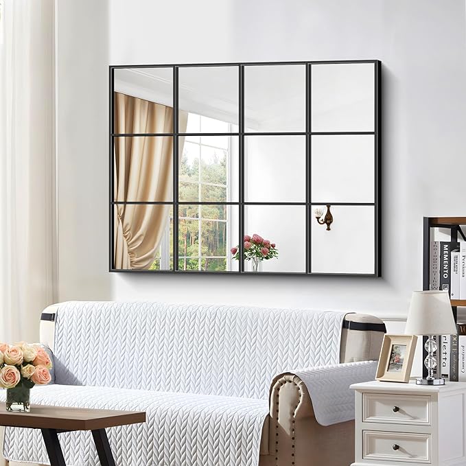 Rectangle Mirror, Window Mirror Wall Mounted, 36"×48" Window Pane Mirror Wall Decor Metal Framed, Large Black Mirror for Bedroom Living Room Fireplace Entryway Hanging or Leaning Against Wall