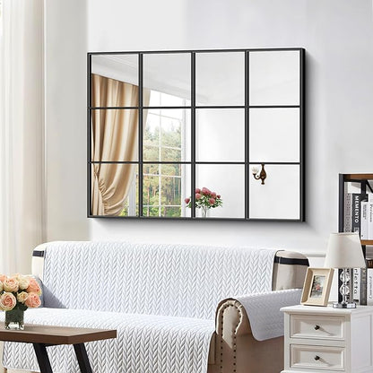Rectangle Mirror, Window Mirror Wall Mounted, 36"×48" Window Pane Mirror Wall Decor Metal Framed, Large Black Mirror for Bedroom Living Room Fireplace Entryway Hanging or Leaning Against Wall