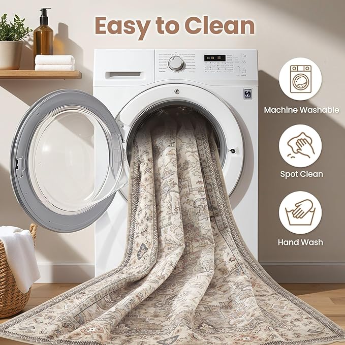 EIEIHOUSE Washable Area Rugs for Living Room -7x10 Neutral Vintage Distressed Floral Farmhouse Boho Large Soft Floor Rug Indoor Non Slip Carpet for Living Room Bedroom Dining Room Office-Brown/Multi