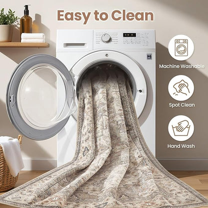 EIEIHOUSE Washable Area Rugs for Living Room -7x10 Neutral Vintage Distressed Floral Farmhouse Boho Large Soft Floor Rug Indoor Non Slip Carpet for Living Room Bedroom Dining Room Office-Brown/Multi