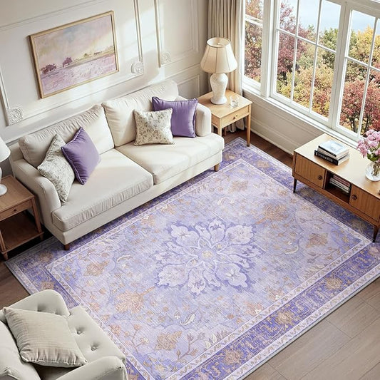 RELEANY Area Rugs 6'x8' Washable Non-Slip, Floral Vintage Distress Print Pattern Medallion Carpet for Living Room Bedroom Dining Room, Light Purple Brown