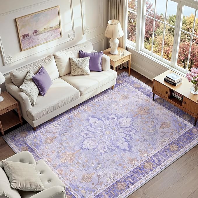 RELEANY Area Rugs 7'x9' Washable Non-Slip, Floral Vintage Distress Print Pattern Medallion Carpet for Living Room Bedroom Dining Room, Light Purple Brown