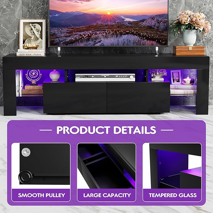 JUMMICO TV Stand, Modern Lighting TV Cabinet Entertainment Center Media and Open Shelf, TV Console Table with 1 Drawer and Remote Control, 20 Color LED Lights up to 70 Inch TV (Black)