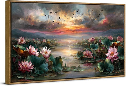 Framed Lotus Flower Decor Zen Wall Art Vintage Pink Floral Pictures Rustic Blooming Botanical Canvas Prints Farmhouse Wildflower Painting Dusk Artwork for Bedroom Living Room Home Decoration 24x48