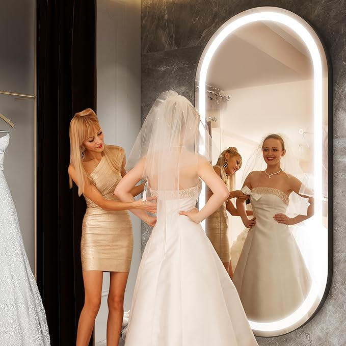 FENNIO 71" x 32" Large Wall Mounted Mirror with LED Lights, Oval Full Length LED Lighted Full Body Dressing Mirror for Bedroom, Salon, Brushed Aluminum Frame, Tempered Glass