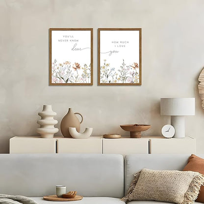 Wood Framed Wildflower Nursery Wall Art Set of 2, Boho Flower Botanical Wall Decor Paintings, Baby Girl Nurseries Pictures Posters Prints for Nursery Baby Room Bedroom Home Decoration 12x16 Inch