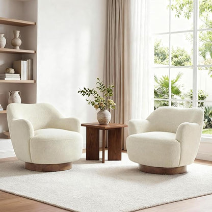 Swivel Accent Chair,Upholstered Barrel Chair with Curves Camel Back Design,Modern Arm Chair with Wooden Base for Living Room Bedroom Reading Waitingroom,Linen