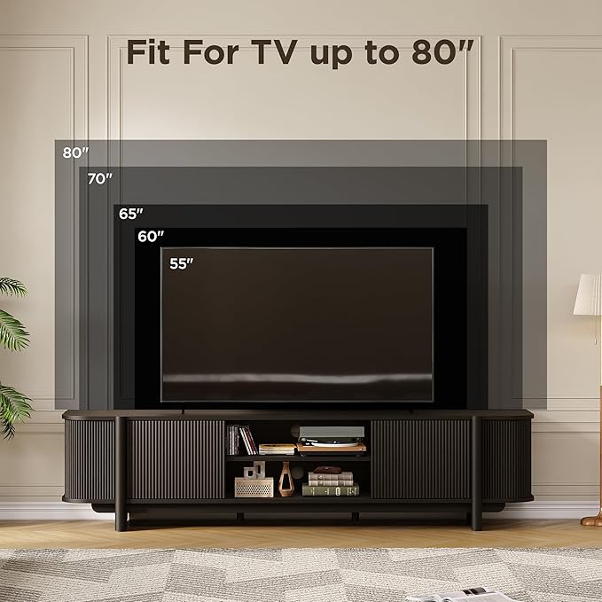 Vabches 70" Mid Century TV Stand for TVs up to 80 Inch,Fluted Entertainment Center with Storage and Adjustable Shelves,Modern Media Console Table for Living Room,Bedroom,Black