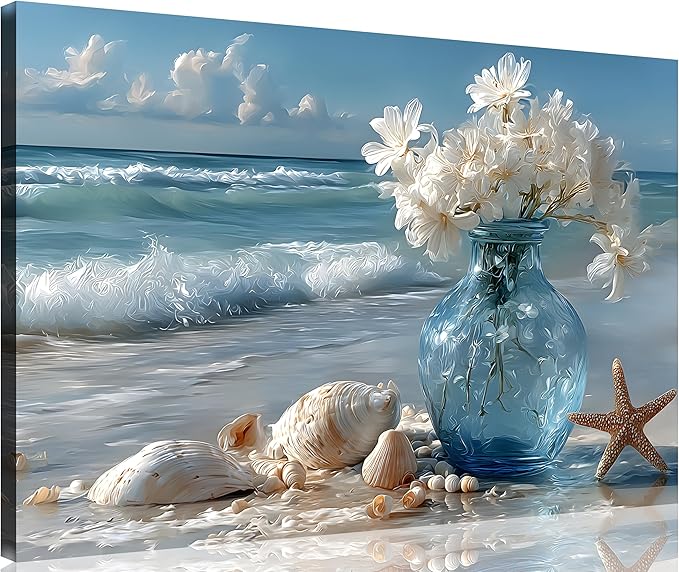TutuBeer Beach Bathroom Canvas Wall Art Starfish with White Flower Coastal Pictures Wall Art Canvas Seascape Poster Seaside Seashell Painting Print Artwork for Living Room Bedroom 16"x24"x1 Panel