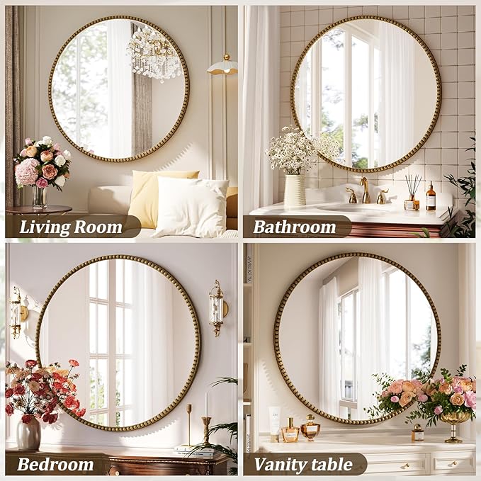 24 Inch Round Bathroom Mirror - Luxurious Retro Beaded Circle Decorative Wall Mirror with PU Frame Hanging Leaning as Art Decor for Entryway, Bedroom, Living Room, Hallway, Gold
