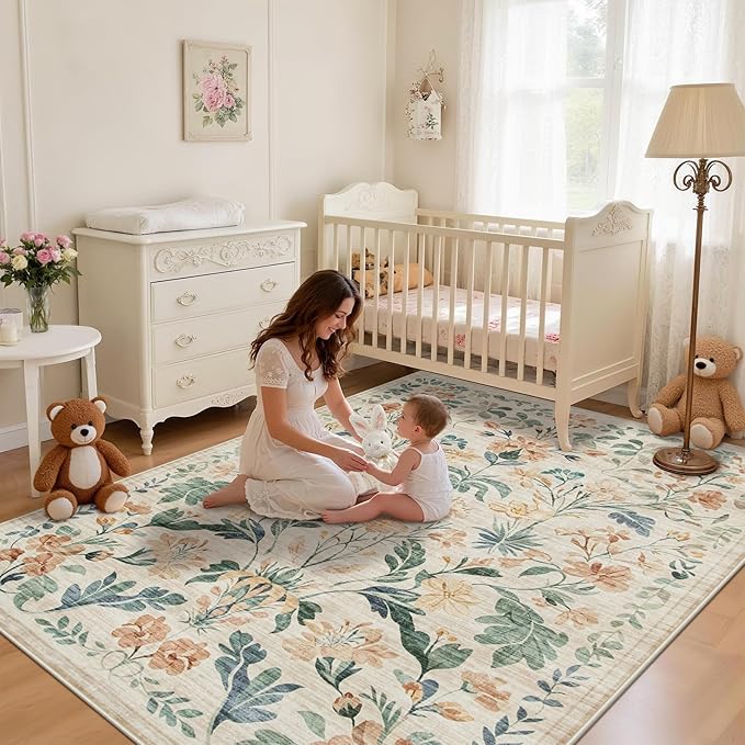 5x7 Area Rugs Washable Rug: Lagre Boho Living Room Rug Soft Non-Slip Thin Carpet Indoor Floor Non-Shedding Neutral Floral Carpets for Bedroom Dining Room Farmhouse Nursery Beige