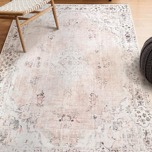 MUJOO Boho Area Rug 3'x5' Machine Washable, Pink Small Non Slip Area Rugs for Entryway Bedroom Bedside Kitchen Hallway Living Room Laundry Room Indoor Mat Soft Low-Pile Floral.