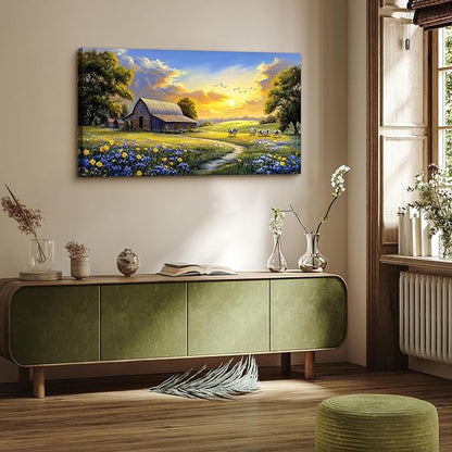crmotu Rustic Farmhouse Wall Art, Nature Pastoral Landscape Large Artwork, Dairy Cow Farm Sunset Canvas Painting, Meadow Wildflower Pictures Wall Decor Living Room Kitchen Bathroom Art Prints 20X40 In