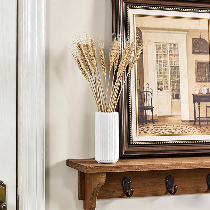 TIMEFOTO White Ceramic Flower Vase for Pampas Grass, 6 inch Small Decorative Centerpiece Ribbed Vase for Dining Table, Office Desktop, Shelf Bookshelf, Mantel, Bathroom, Countertop, Farmhouse, Gift
