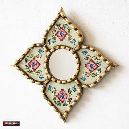 Small Peruvian Mirror, Handmade Artisan Mirror Wall Decor, Reverse Painted Glass Diamond Shape Mirrors 8.26" (Beige)