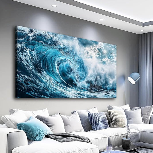 ERQINHUA Blue Wave Canvas Wall Paintings Wall Art For Living Room Wall Decor For Bedroom Ocean Inspiration Pictures Office Mural Posters Modern Home Decor Aesthetics Artwork Ready To Hang 20"X40"