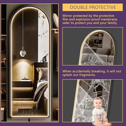 Hasipu Arched Full Length Mirror with Lights, 56" X 16" Lighted Full Body Mirror with Stand, Dimming 3 Colors & Brightness Adjustable, Bedroom Cloakroom Living Room, White Modern Arch Metal Frame