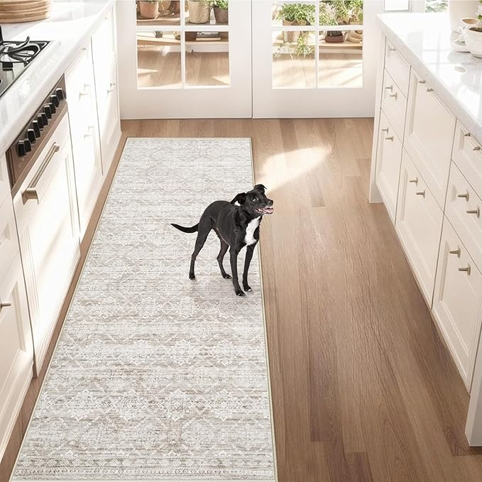 Runner Rug 2x8 Boho Geometric Area Rugs: Washable Kitchen Rug, Soft Non Slip Moroccan Long Hallway Rugs for Bedroom Bathroom Laundry Entryway Staircase Foyer(Ivory Mocha,2'x8')