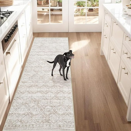 Runner Rug 2x8 Boho Geometric Area Rugs: Washable Kitchen Rug, Soft Non Slip Moroccan Long Hallway Rugs for Bedroom Bathroom Laundry Entryway Staircase Foyer(Ivory Mocha,2'x8')
