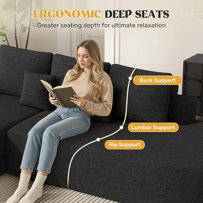 112" Modern Curved Cloud Couch, Chenille Boneless Couches for Living Room with Deep Seat, Memory Foam Compressed Modular Sectional Sofa, No Assembly Required,Black 1 PCS