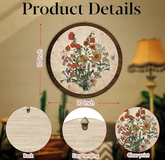 Vintage Floral Boho Hanging Wall Decor, Farmhouse Botanical Neutral Round Wooden Wall Art, Natural Flowers Western Boho Decorations for Living Room Bedroom Bathroom Kitchen Office Apartment Home, 02