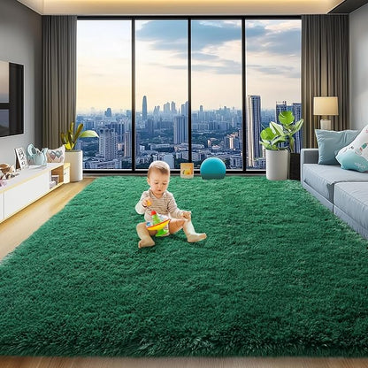 qulint 8x10 Area Rug for Living Room, Fluffy Green Rug for Bedroom Shag Shaggy Large Carpet for Classroom, Plush Fuzzy Modern Alfombra for Dorm Kid Room Playroom Home Decor (8ft x 10ft, Dark Green)