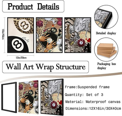 Fashion Cheetah Wall Art Set of 3 Leopard Wall Decor Pictures Lucky 8 Ball Poster Canvas Painting Prints Dark Red Cheetah Artwork for Bedroom Living Room 12x16 inch Black PS Framed